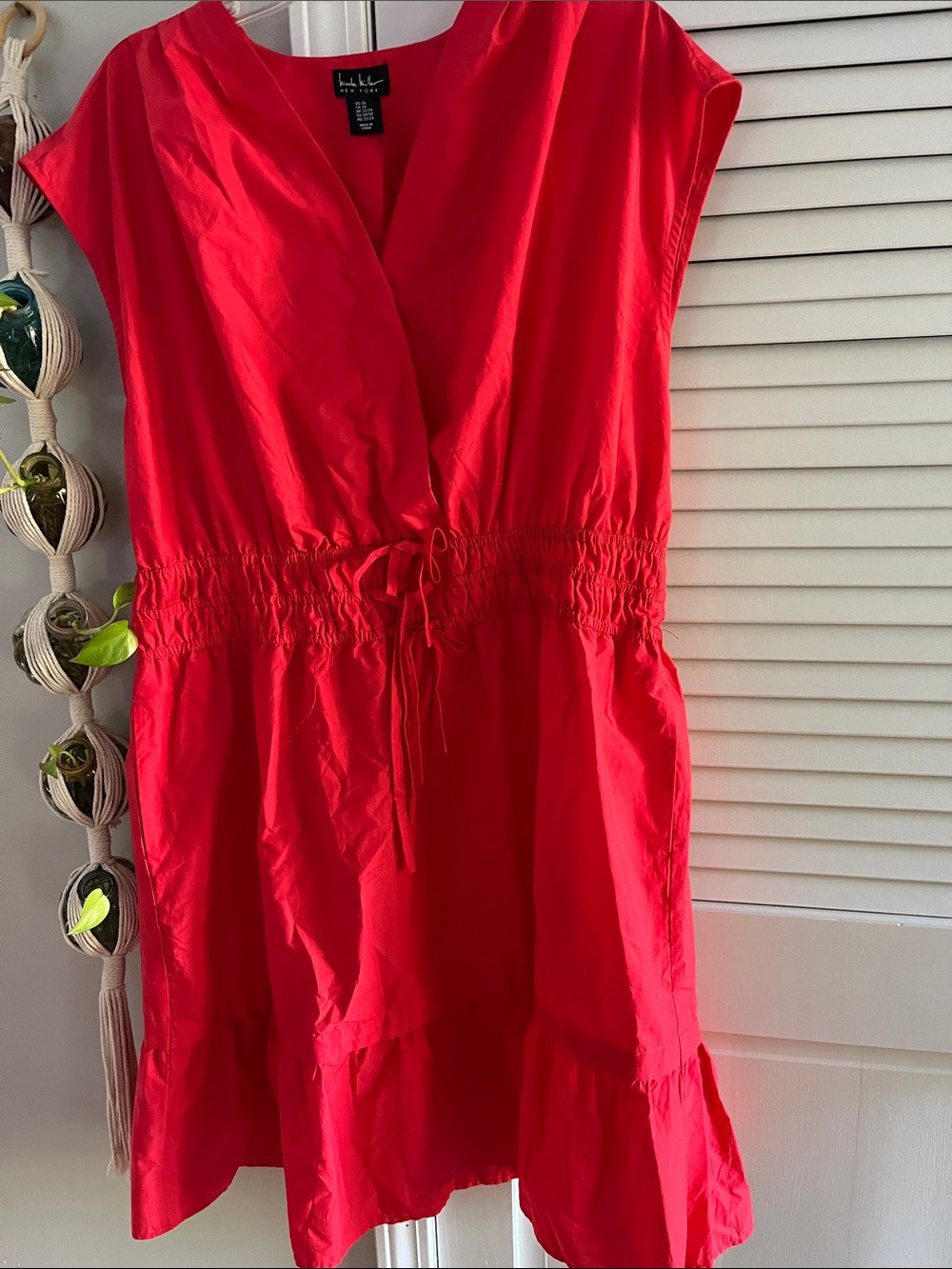 Nicole Miller Red Drawstring V-Neck Dress
